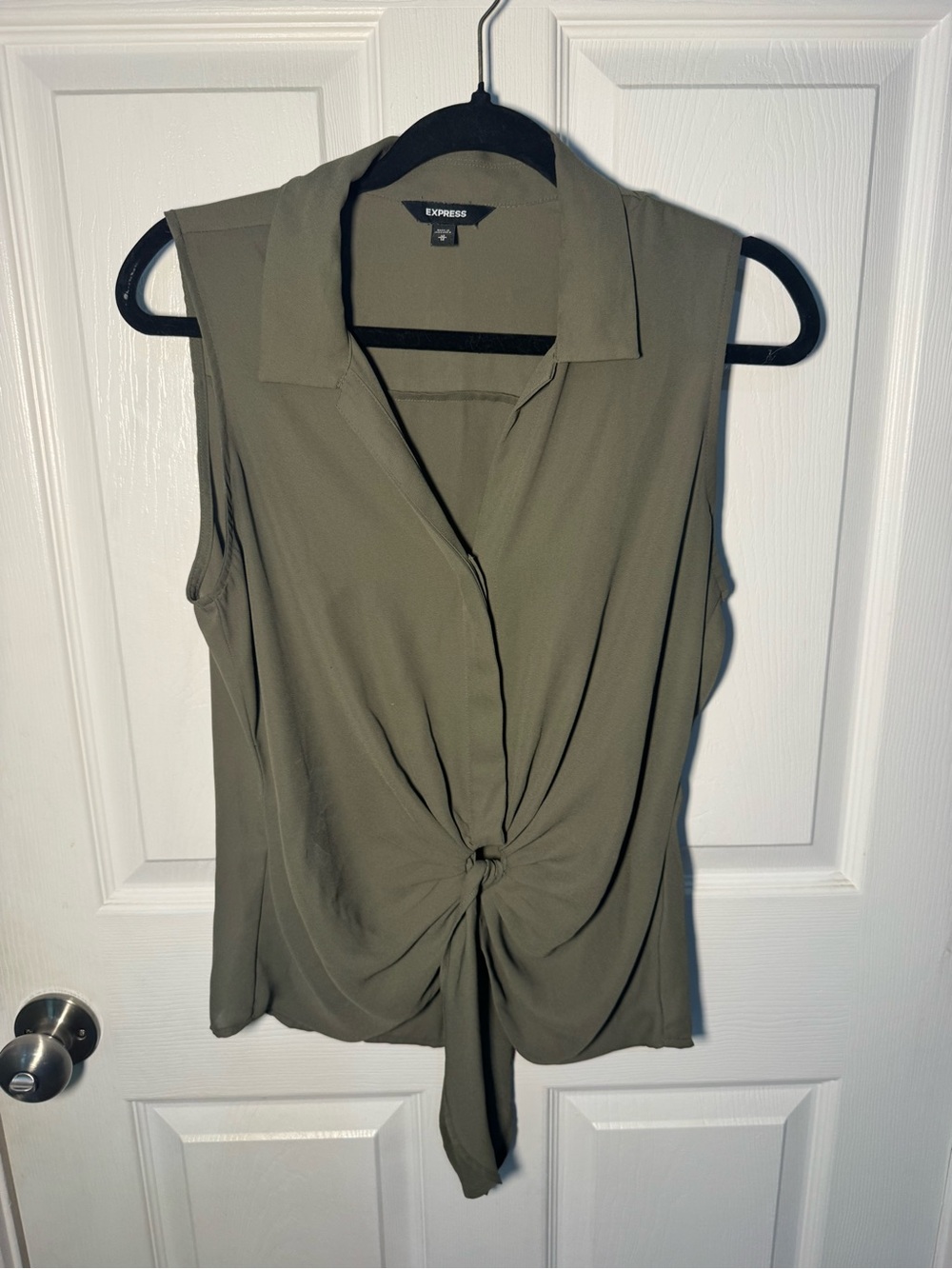Express Olive Green Sleeveless Knot-Front Blouse